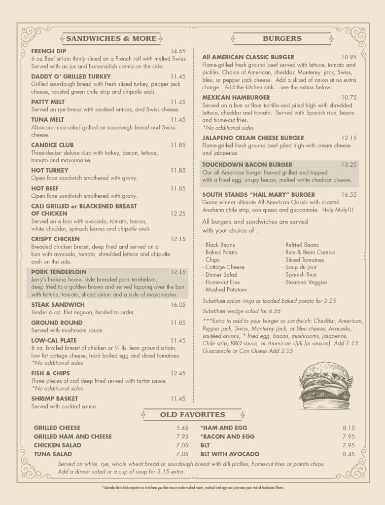 Sandwiches Burgers menu