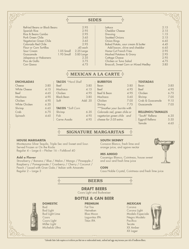 Sides - a la Carte - Margaritas - Beers menu