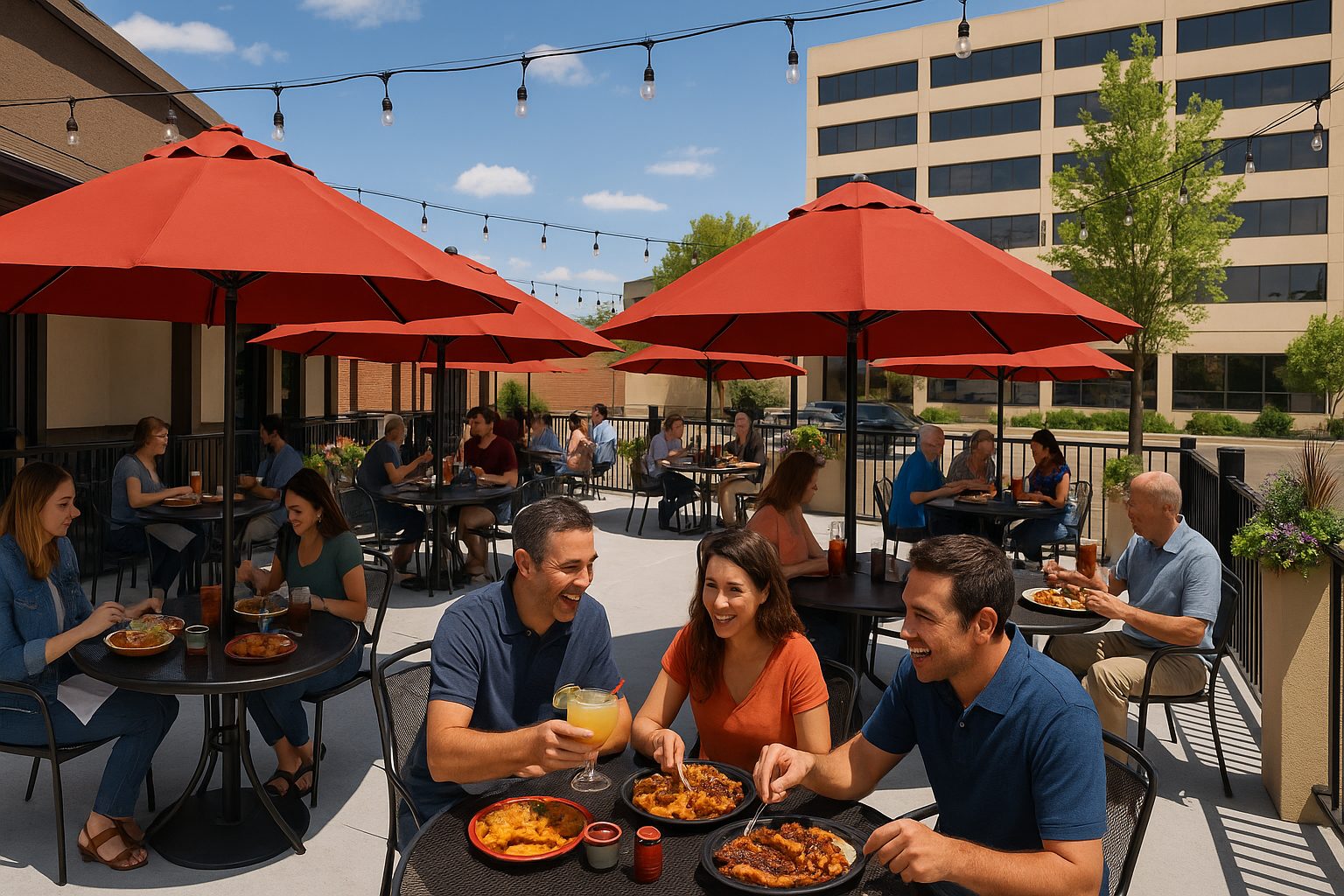 patio21 w people outdoor dining at our Mexican restaurant in Englewood CO
